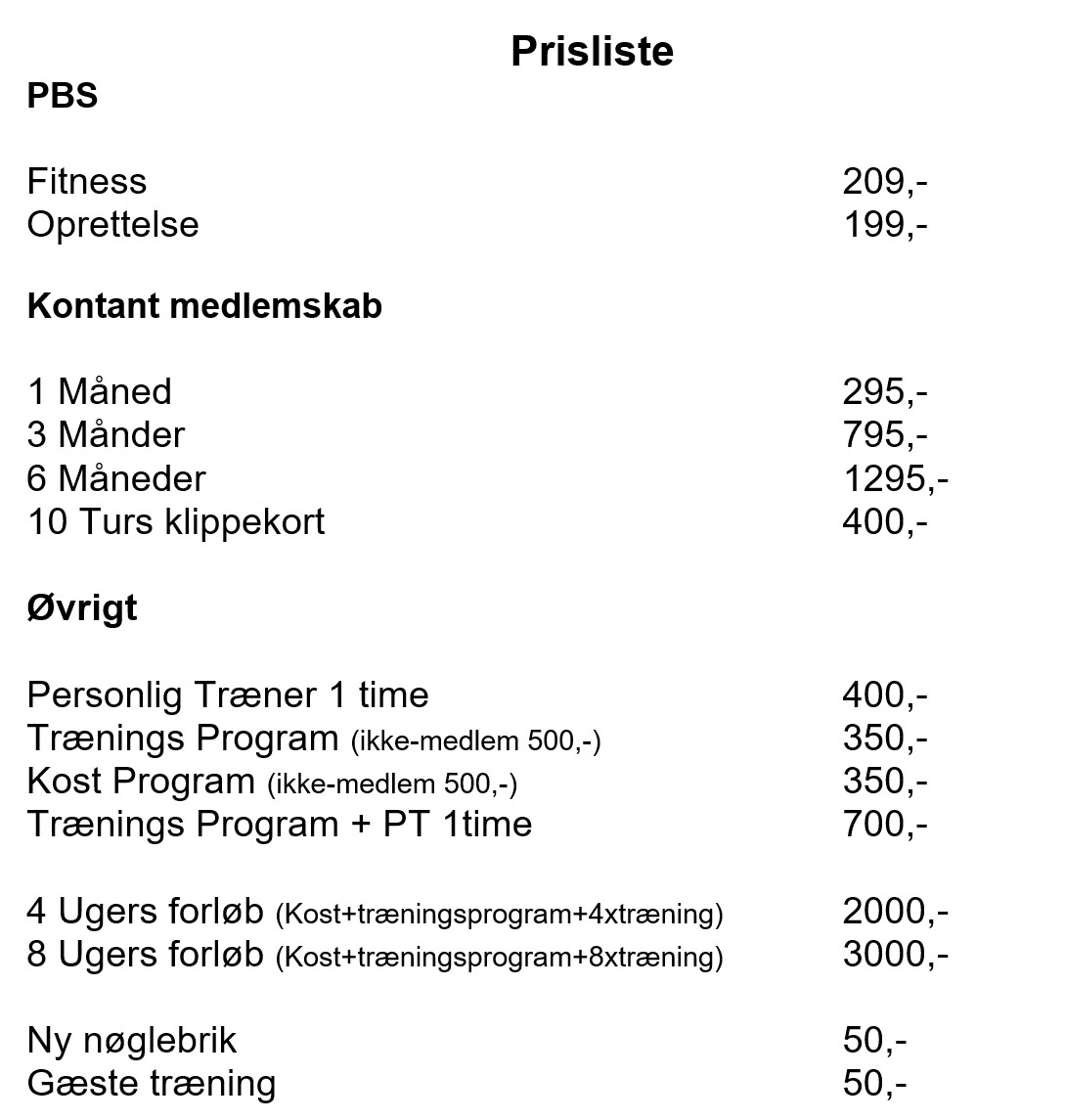 Prisliste Egtved Fitness 2024